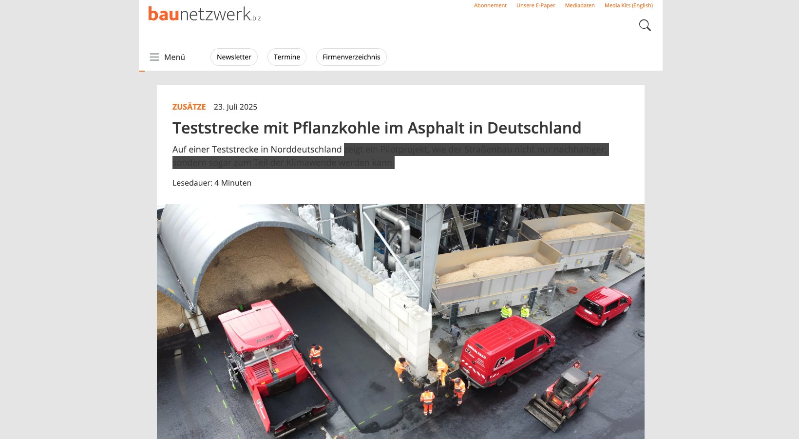Article about biochar in asphalt in baunetzwerk.biz